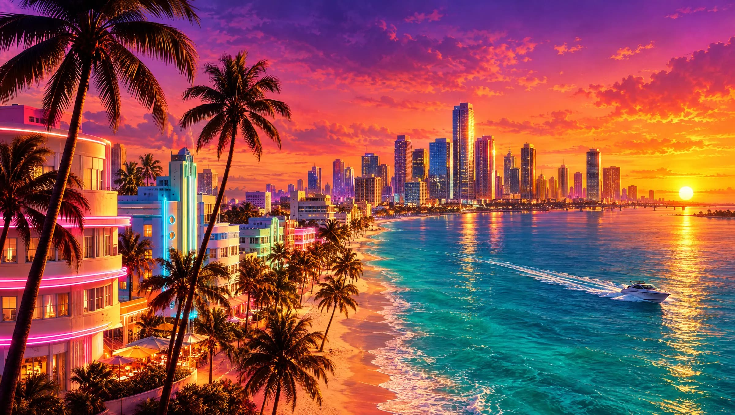 Sunset over a neon art deco beachfront and downtown skyline in a Leonida-inspired city