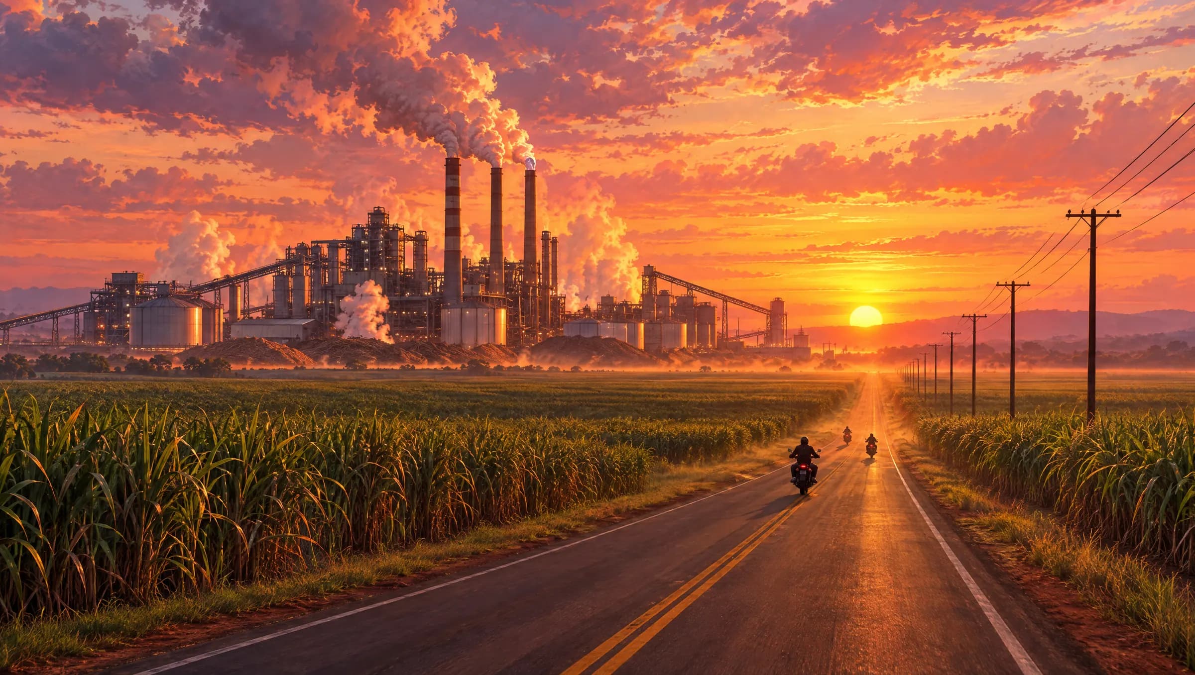A sugar refinery with smokestacks beside cane fields and a highway at sunset