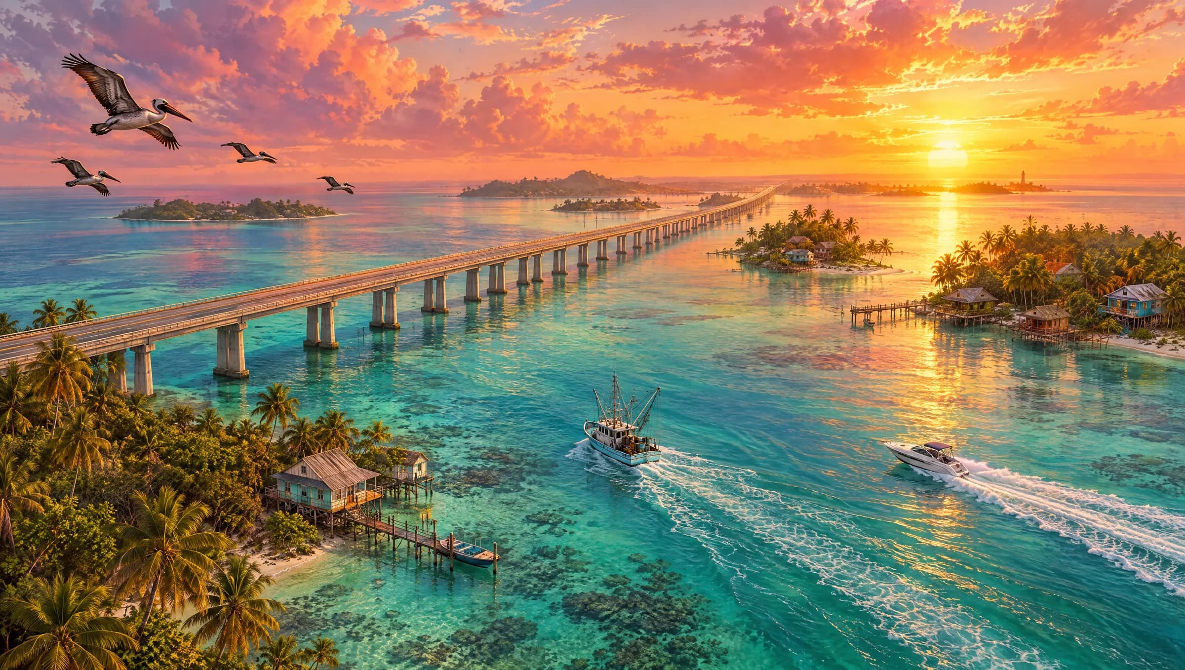 An overseas highway bridge crossing turquoise water between palm-covered islands at golden hour, original SixStars art