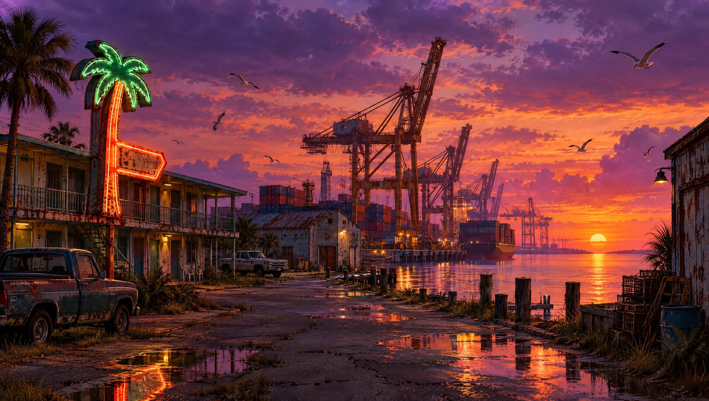 A faded Gulf Coast port town with shipping cranes and an old neon motel at dusk