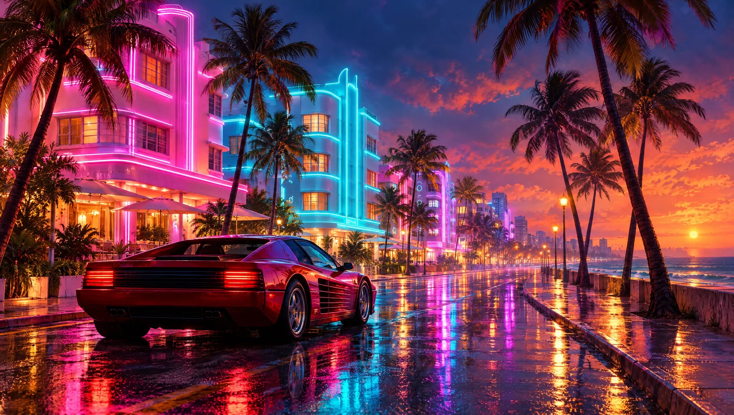 Neon art deco hotels and a retro sports car on a rain-slicked beach boulevard at night