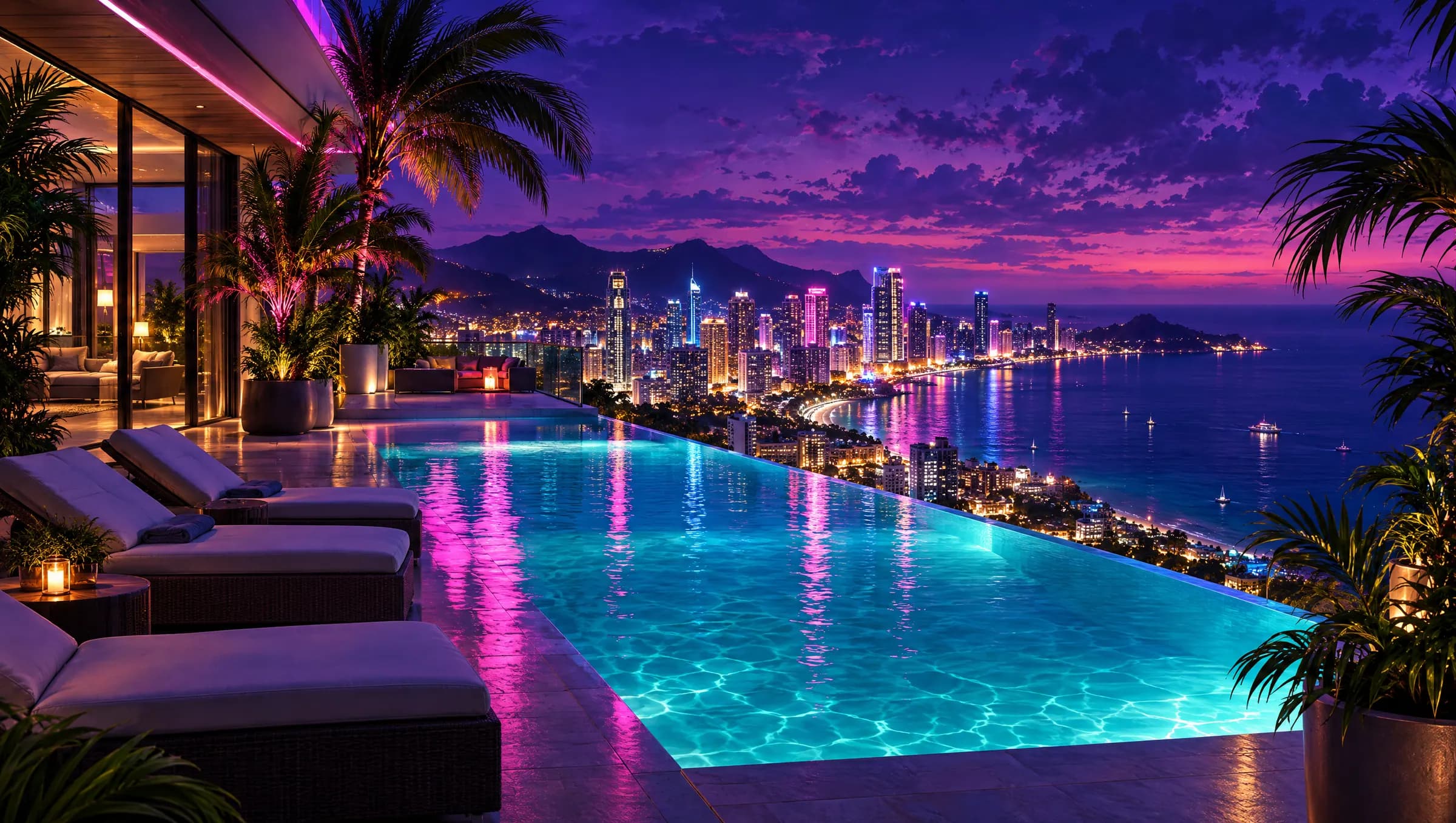 A penthouse infinity pool glowing turquoise above a city skyline at night, original SixStars art
