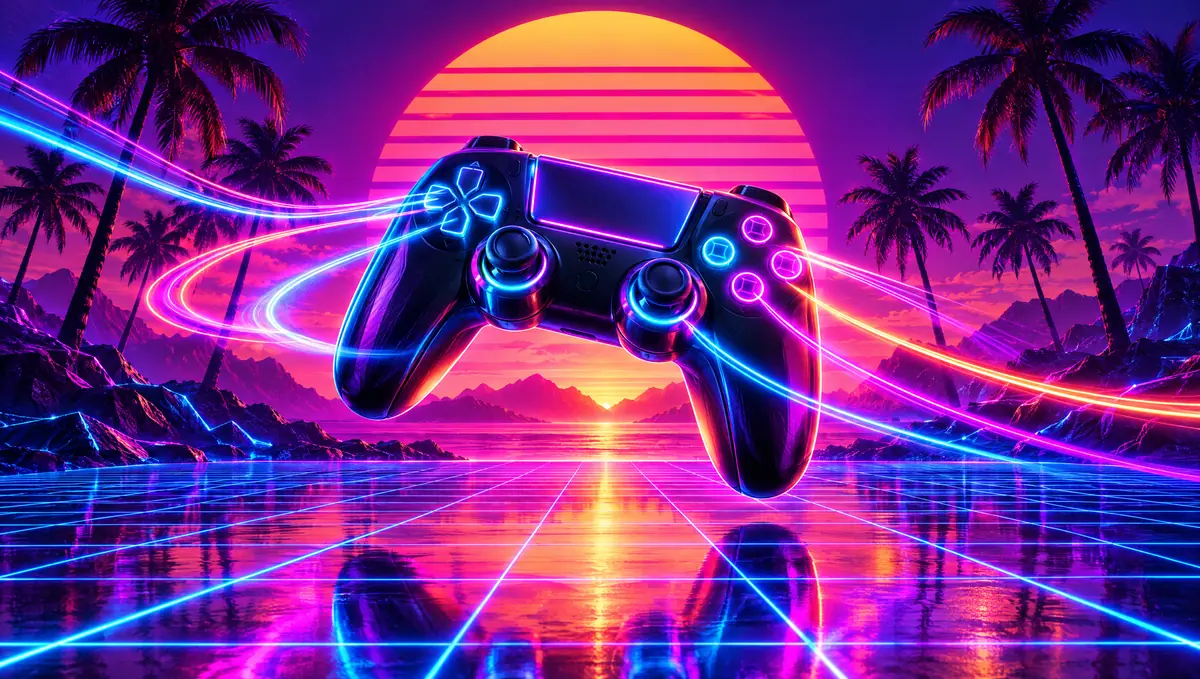 A glowing game controller floating over a synthwave grid under a striped retro sun