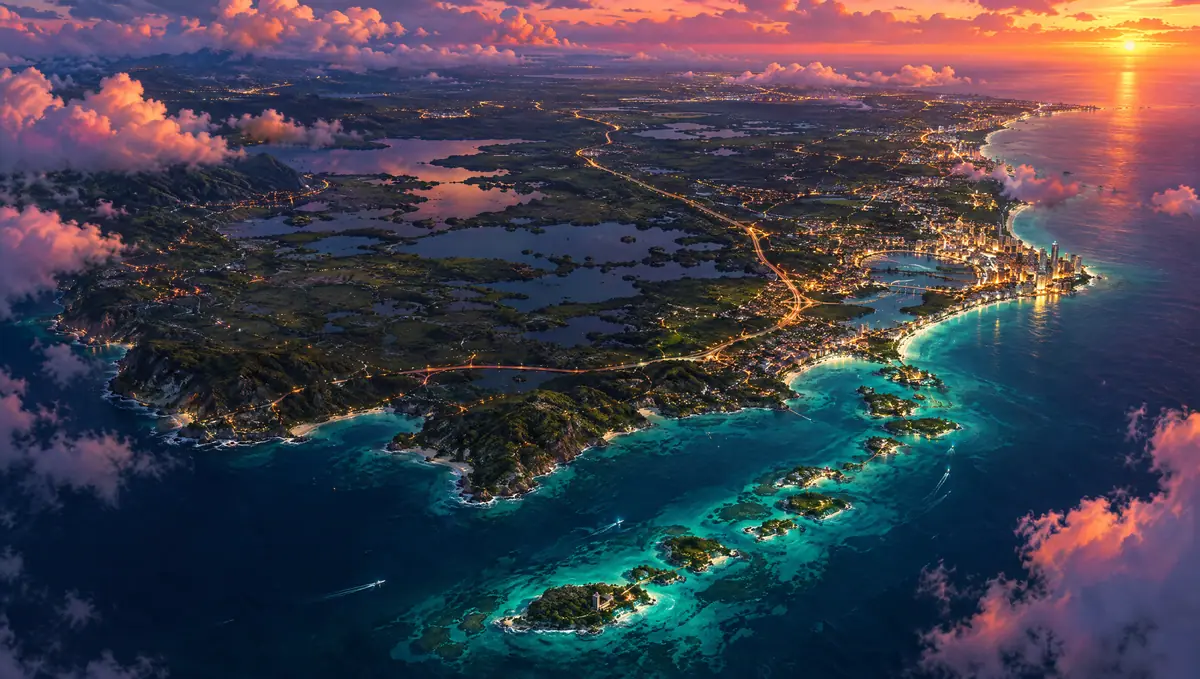 Aerial view of a subtropical peninsula at dusk with glowing coastal city lights and island chain