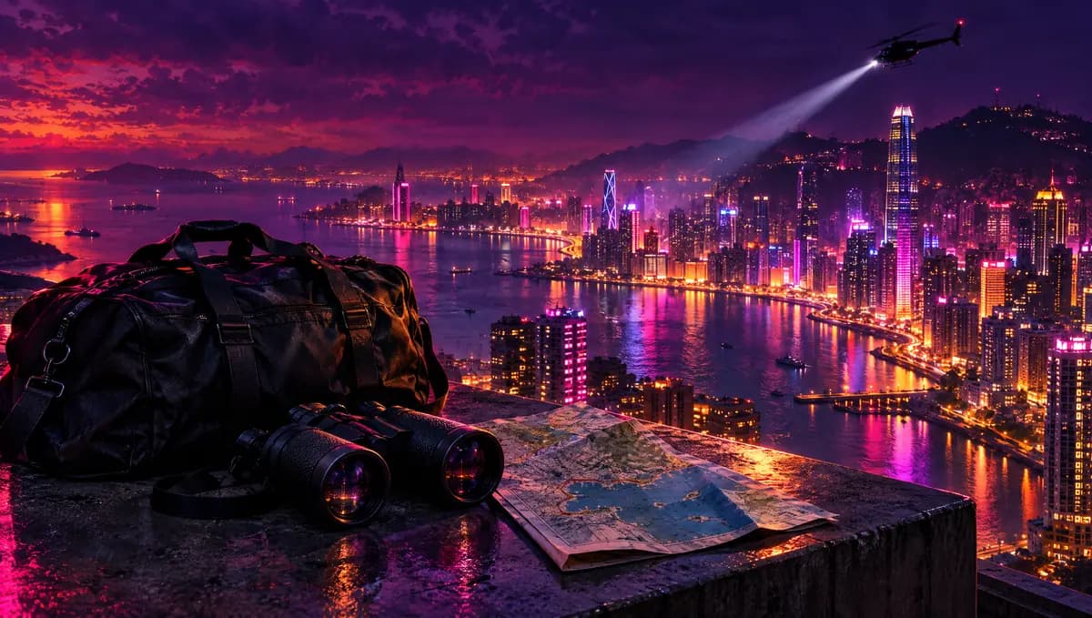 A rooftop at night with a duffel bag and binoculars overlooking a neon skyline