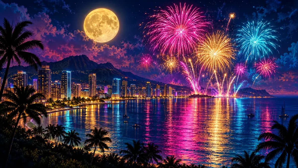 Fireworks bursting over a tropical city skyline and bay at midnight