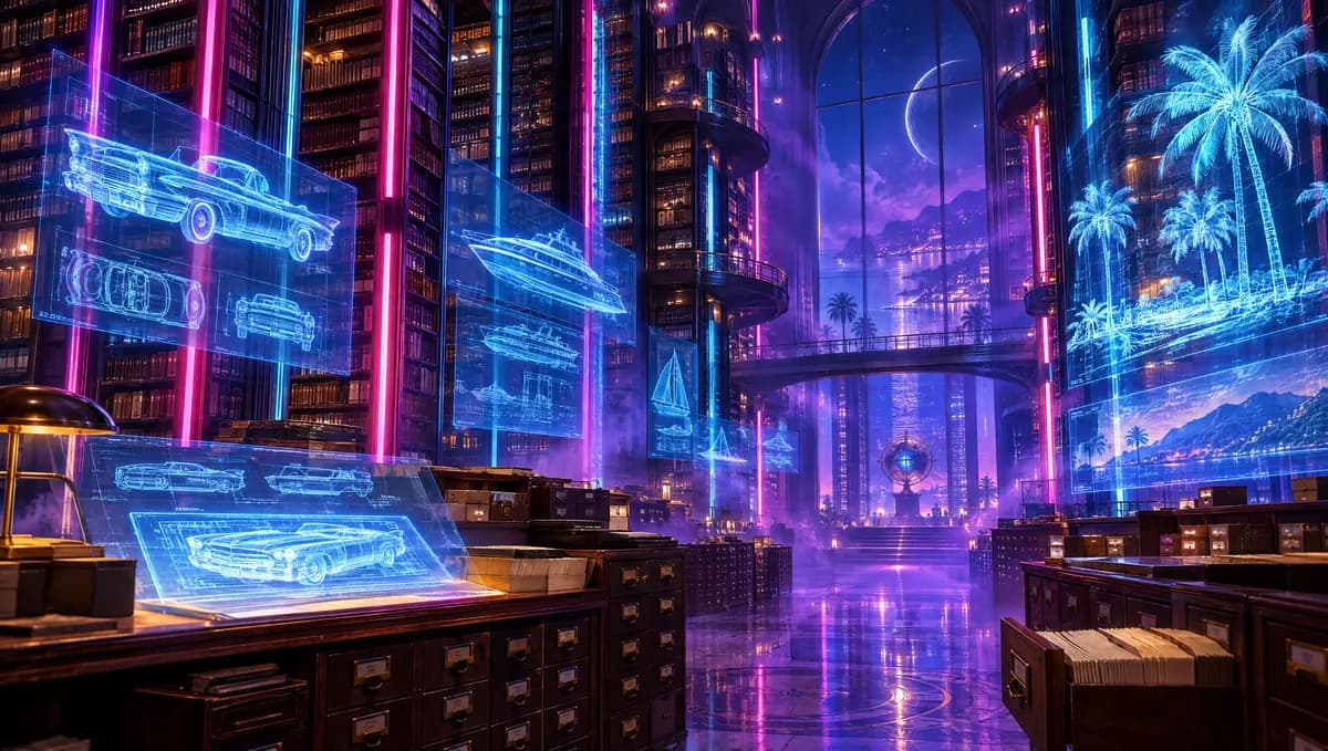 A vast neon archive library with holographic blueprints of cars and palm trees