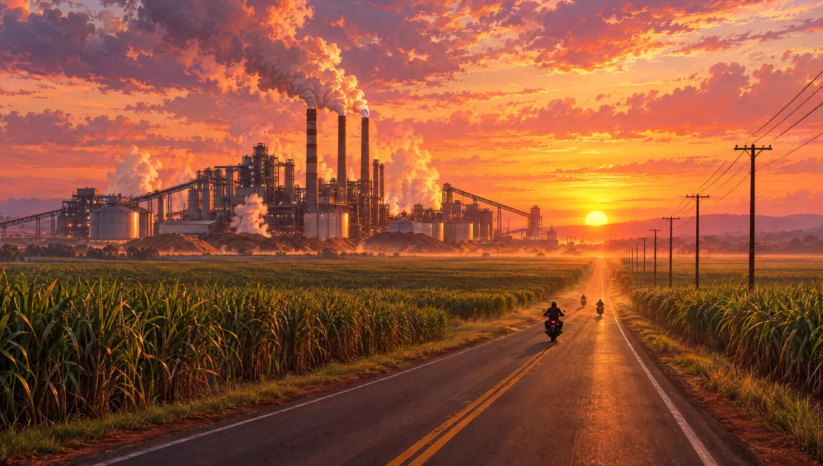 A sugar refinery beside cane fields at sunset