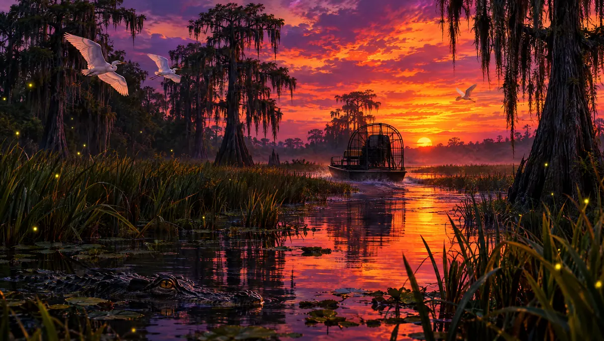 An airboat in sawgrass wetlands at sunset