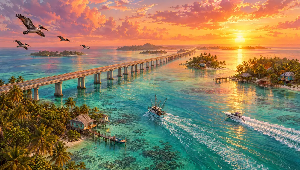 A highway bridge between palm-covered islands at golden hour