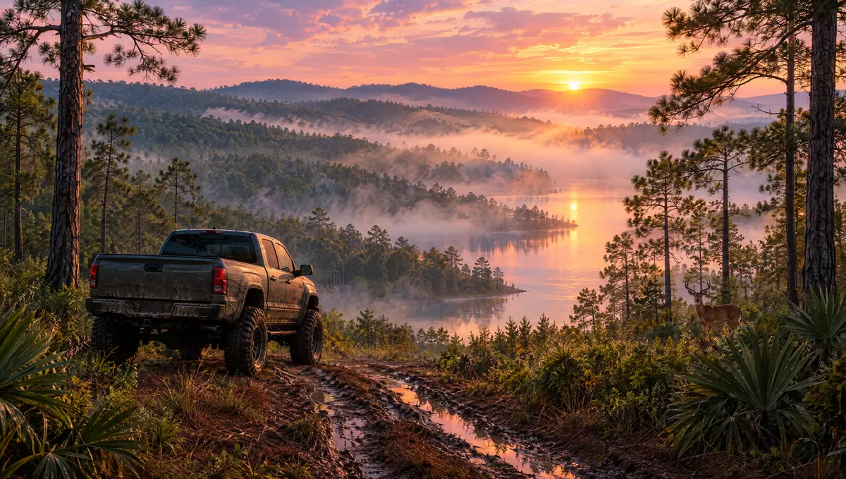 Misty forested hills and a lake at sunrise