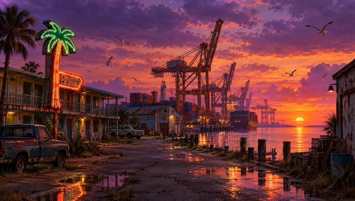 A faded port town with cranes and an old neon motel