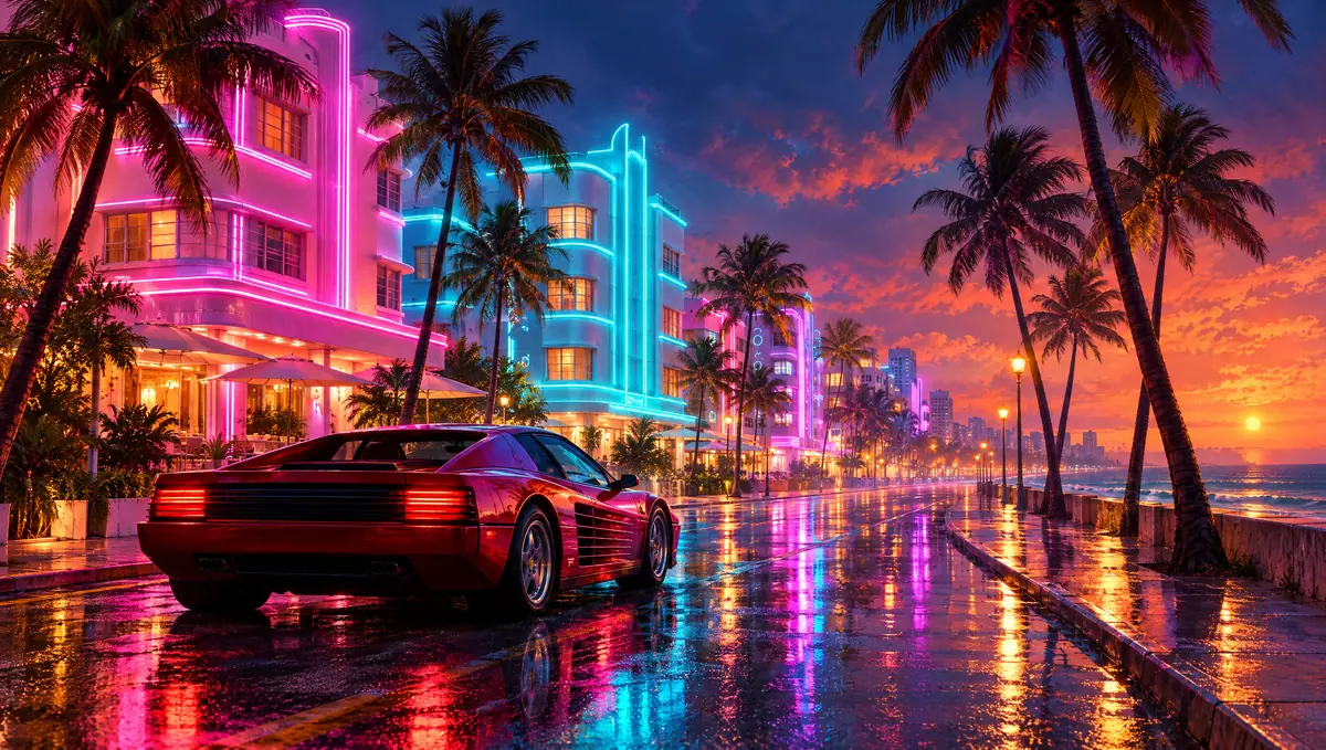 Neon art deco hotels on a beach boulevard at night